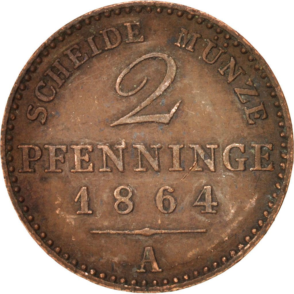 German States, PRUSSIA, Wilhelm I, 2 Pfennig, 1864,Berlin,AU(50-53),Copper,KM481
