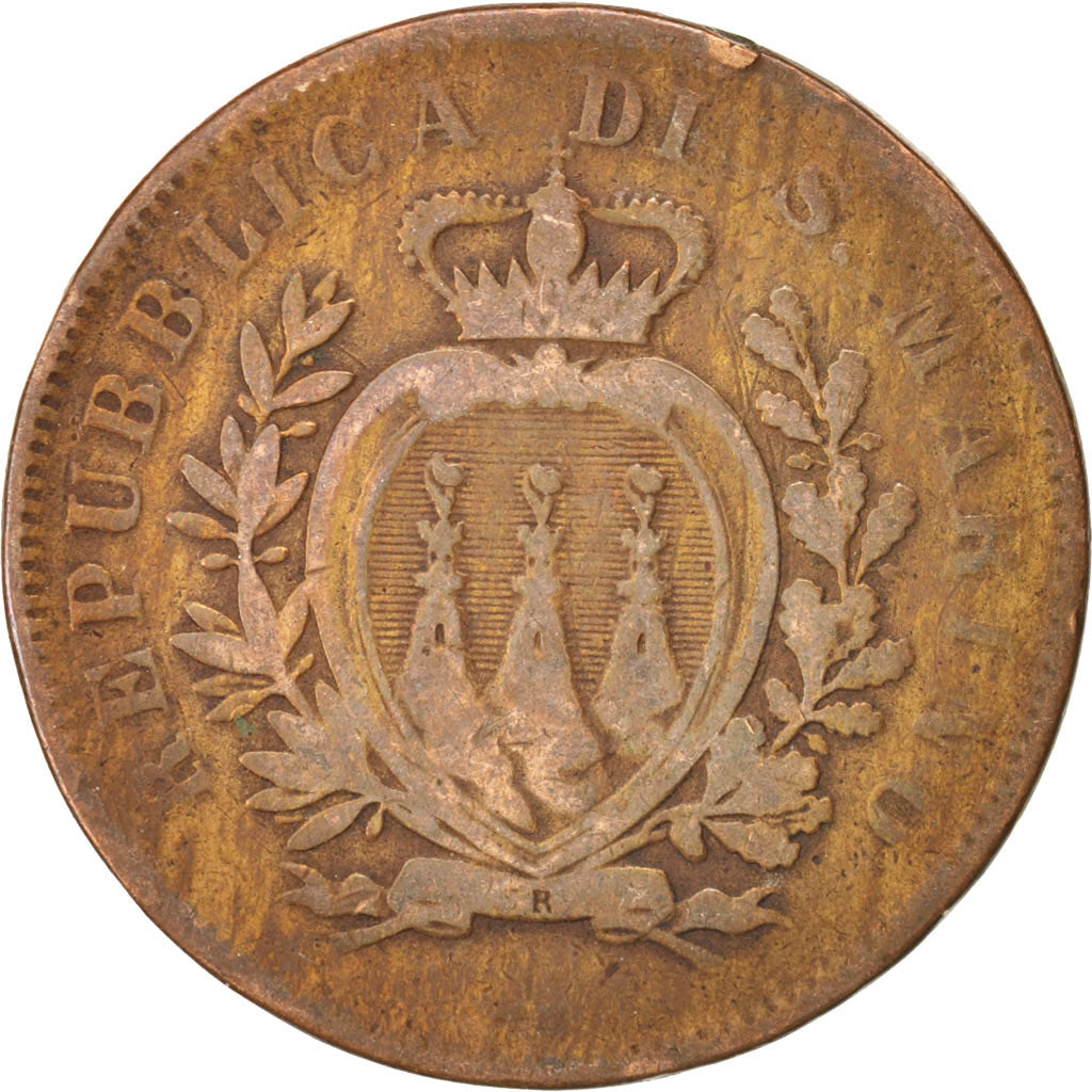 San Marino, 10 Centesimi, 1875, MB+, Rame, KM:2