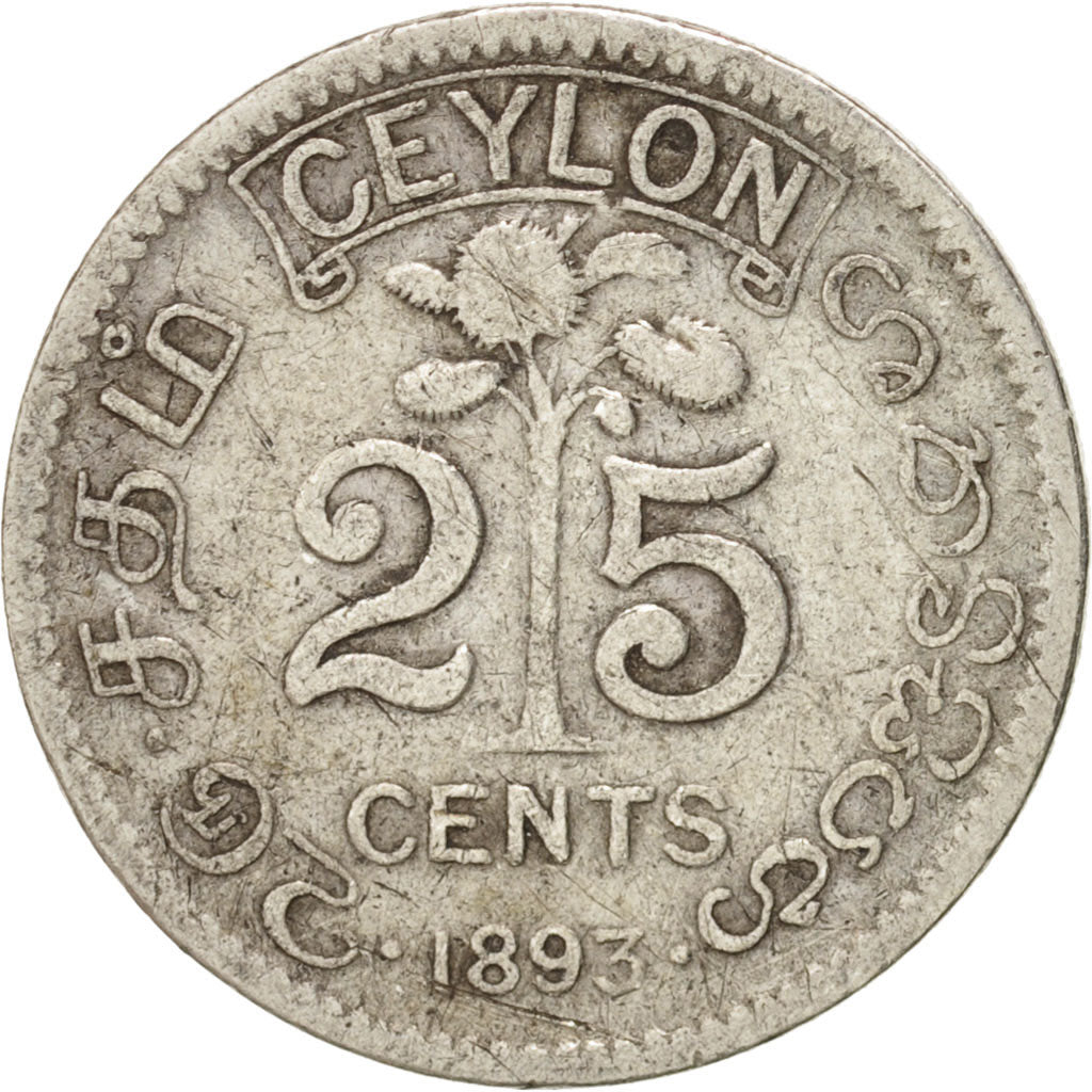 Ceylon, Victoria, 25 Cents, 1893, VF(20-25), Silver, KM:95