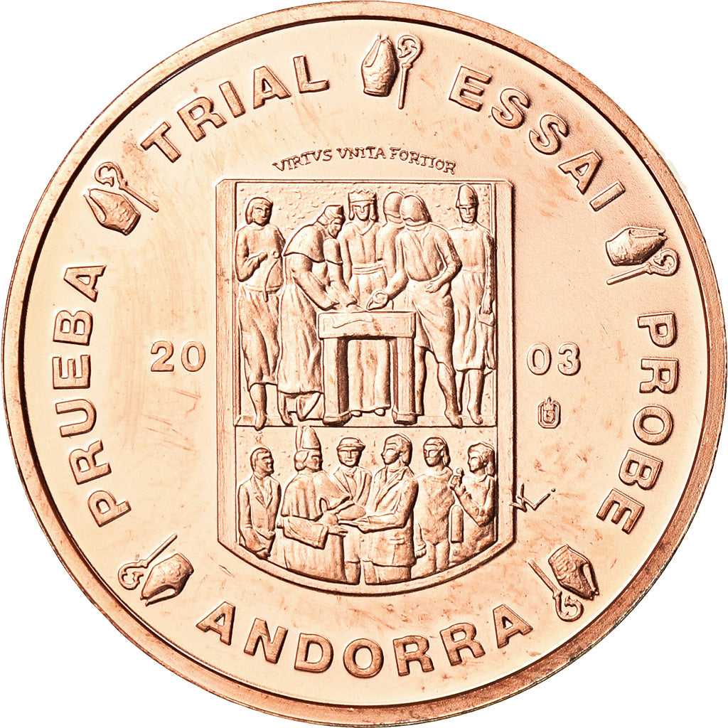 Andorra, medaglia, 2 C, Essai Trial, 2003, FDC, Rame
