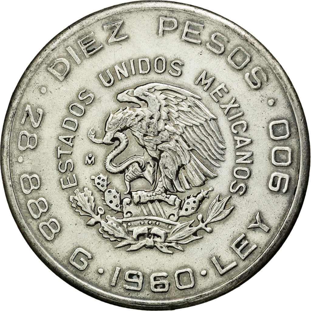 Coin, Mexico, 10 Pesos, 1960, Mexico City, EF(40-45), Silver, KM:476
