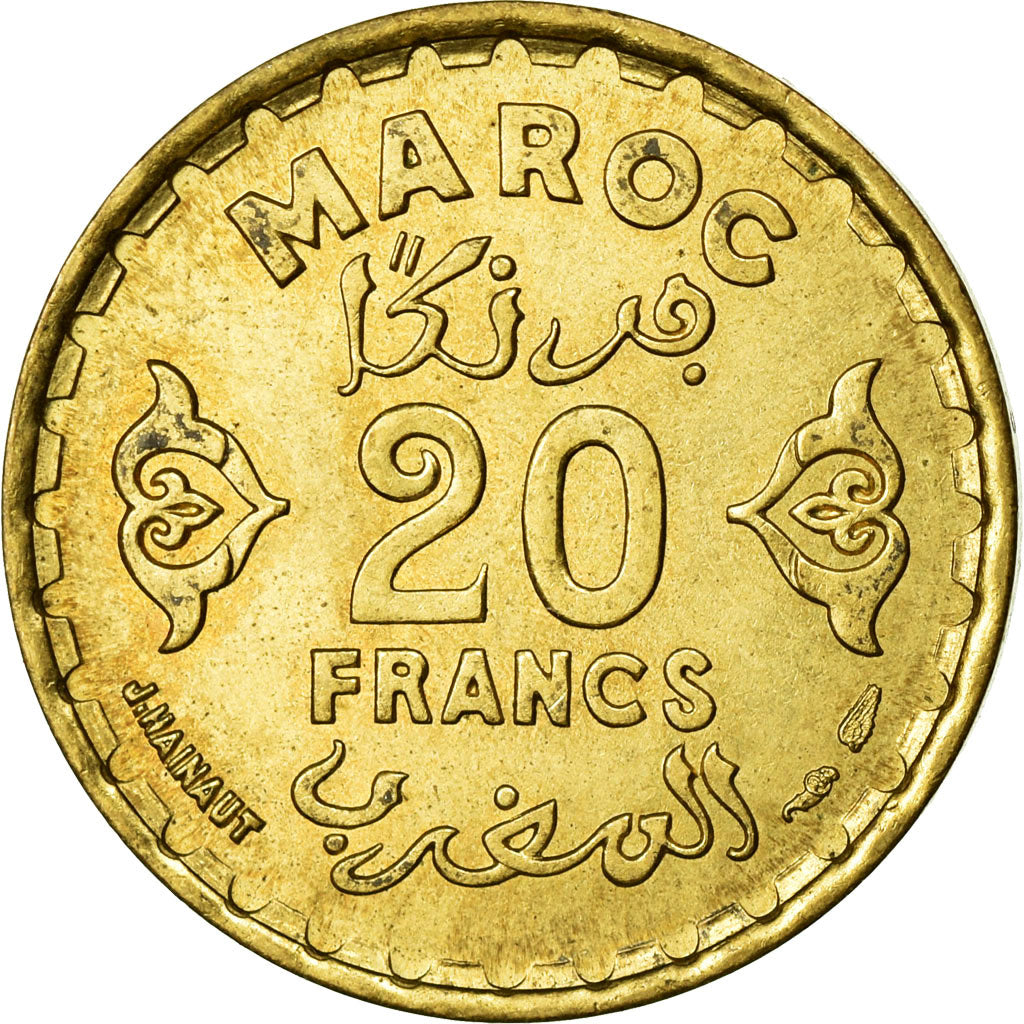 Coin, Morocco, Mohammed V, 20 Francs, 1951, Paris, MS(60-62), Aluminum-Bronze