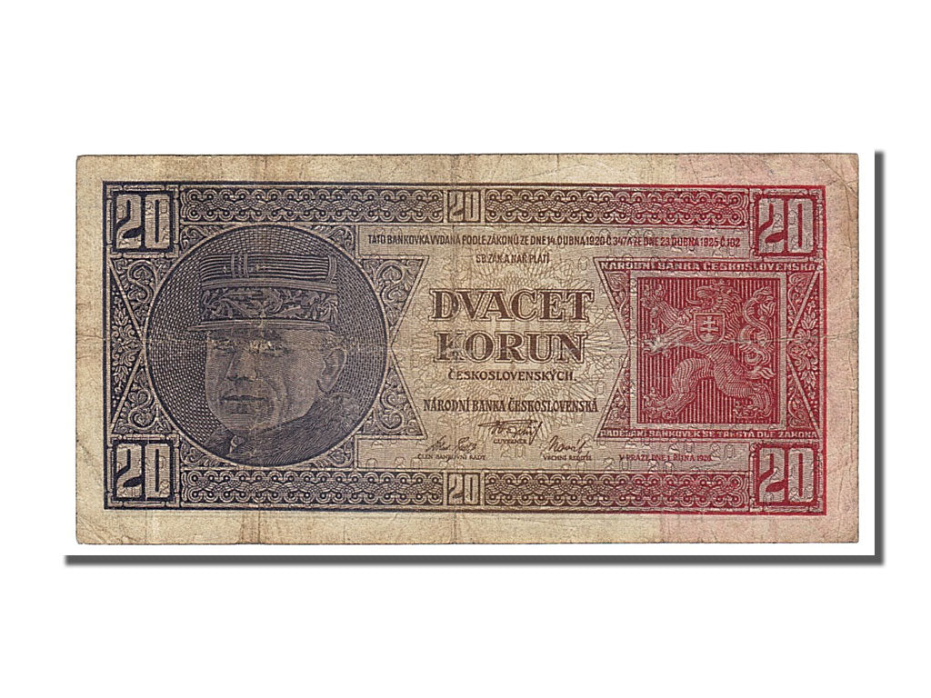 Czechoslovakia, 20 Korun, 1926, KM #21a, 1926-10-01, VF(30-35), Tc