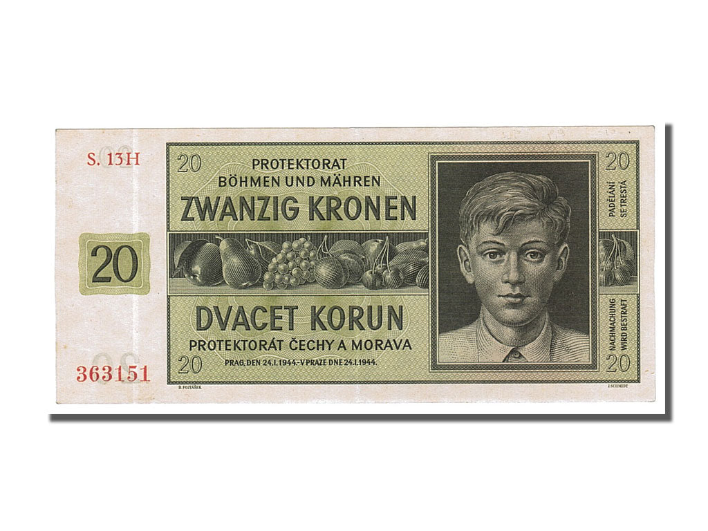 Bohemia and Moravia, 20 Korun, 1944, KM #9a, 1944-01-24, UNC(63), S.13H