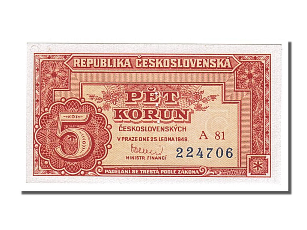 Billet, Tchécoslovaquie, 5 Korun, 1945, NEUF