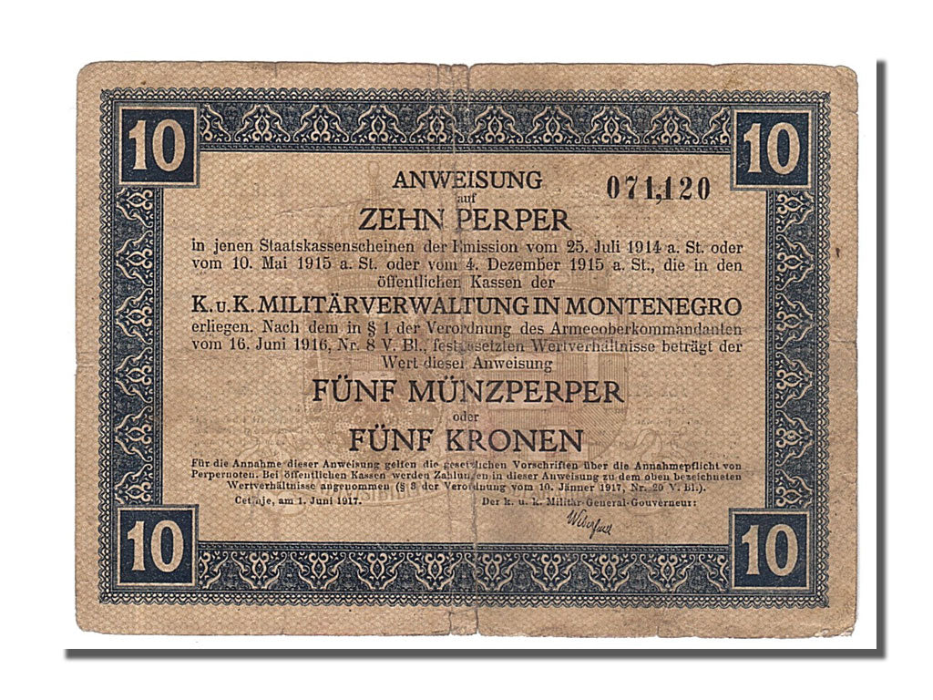 Montenegro, 10 Perper = 5 Münzperper = 5 Kronen, 1917, KM #M151, 1917-06-01,...