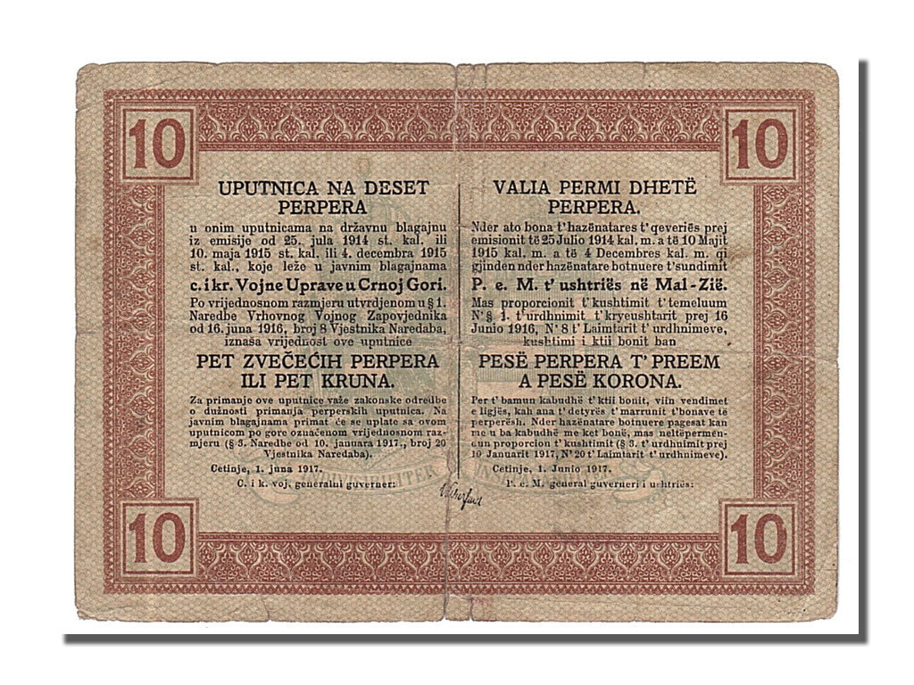 Montenegro, 10 Perper = 5 Münzperper = 5 Kronen, 1917, KM #M151, 1917-06-01,...