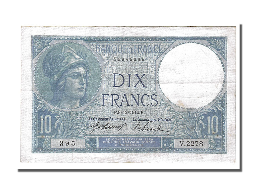 Billete, Francia, 10 Francs, 10 F 1916-1942 ''Minerve'', 1916, 1916-12-08, MBC+