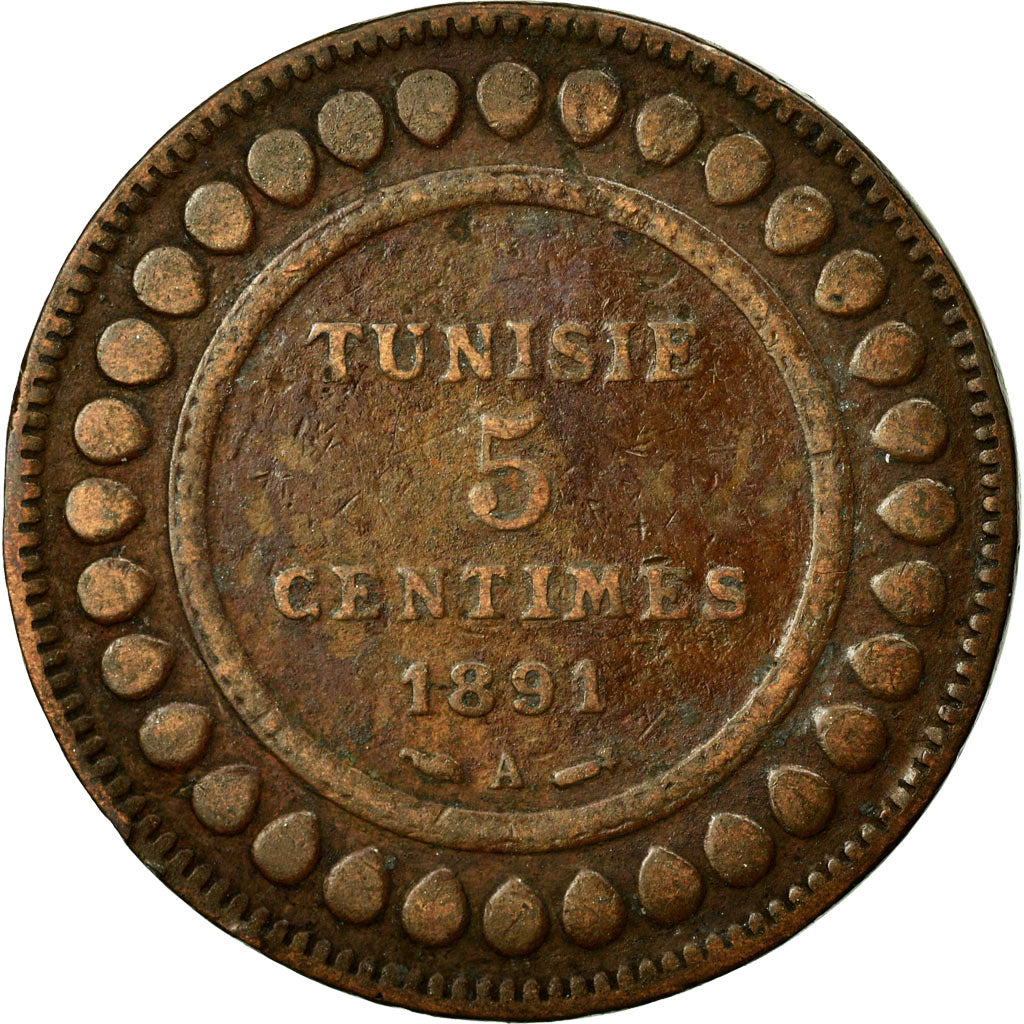 Moneta, Tunisia, Ali Bey, 5 Centimes, 1891, Paris, BB, Bronzo, KM:221