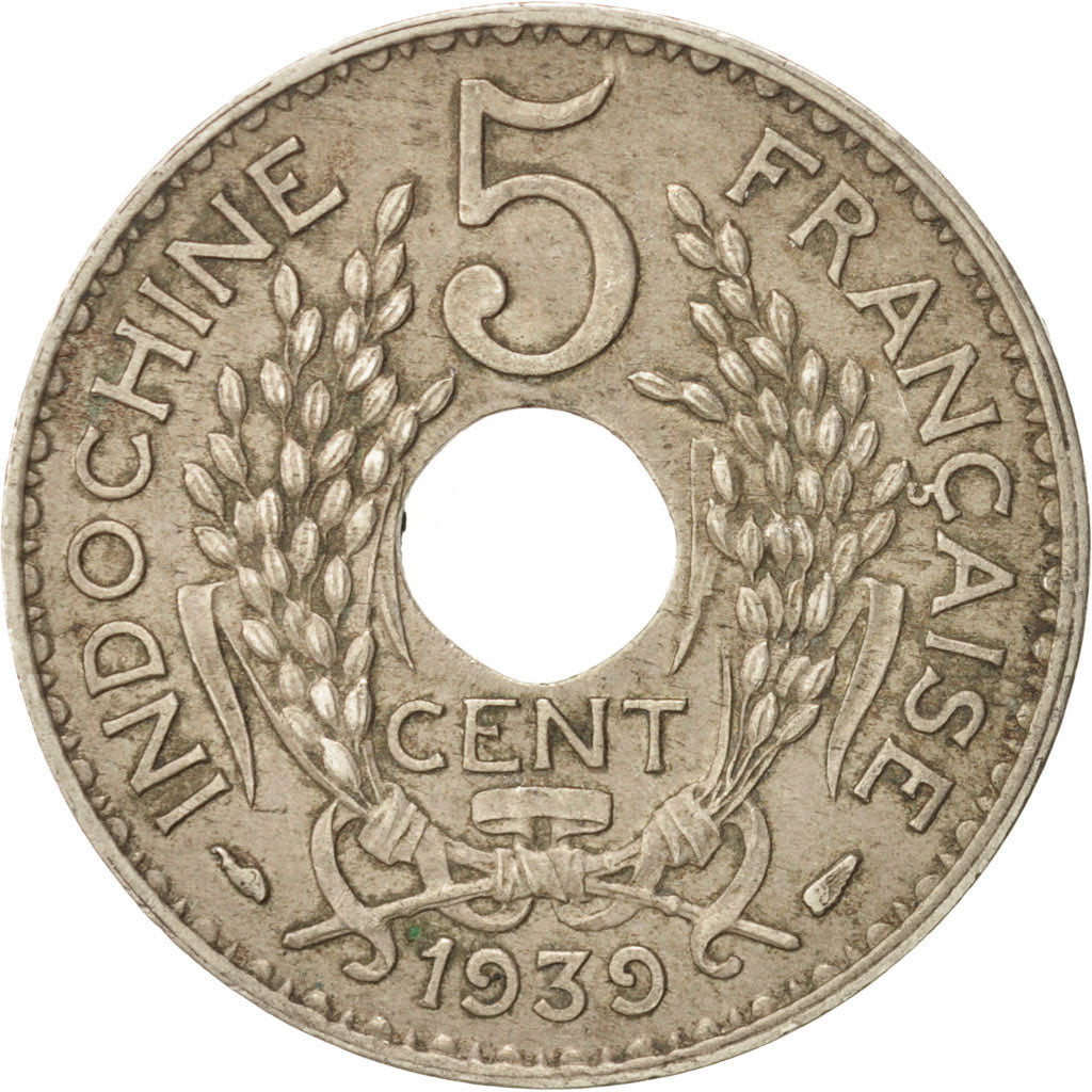 FRENCH INDO-CHINA, 5 Cents, 1939, Paris, AU(50-53), Nickel-brass, KM:18.1a