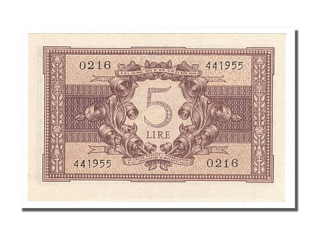 Italy, 5 Lire, 1944, KM #31b, 1944-11-23, UNC(65-70), 0216