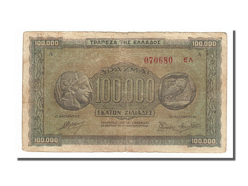 Greece, 100,000 Drachmai, 1944, KM #125b, 1944-01-21, VF(20-25), EA