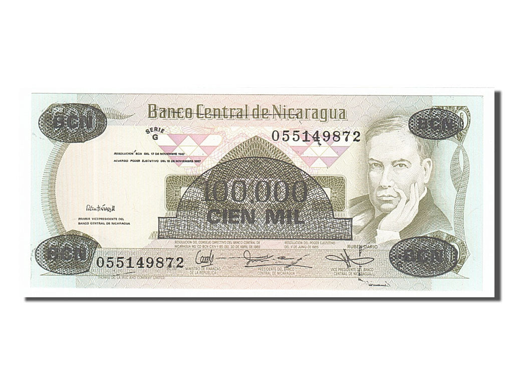 Banconote, Nicaragua, 100,000 Córdobas on 500 Córdobas, 1987, FDS