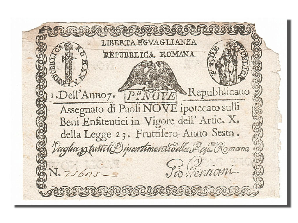 Banknote, ITALIAN STATES, 9 Paoli, 1798, EF(40-45)