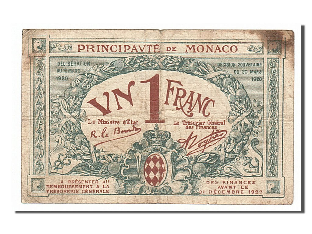 Monaco, 1 Franc, 1920, KM #5, 1920-03-20, VF(20-25), E