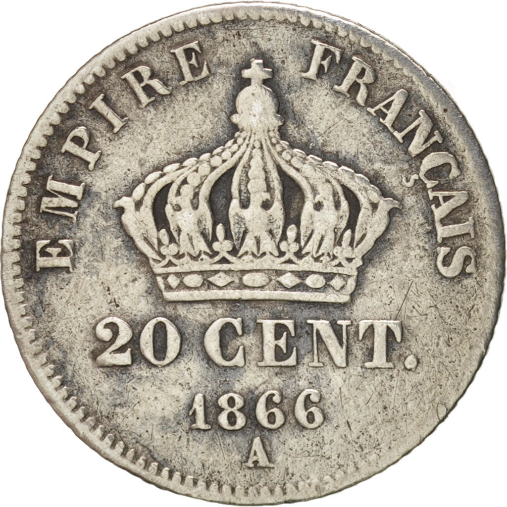 France, Napoleon III, 20 Centimes, 1866, Paris, VF(20-25), Silver, KM 805.1