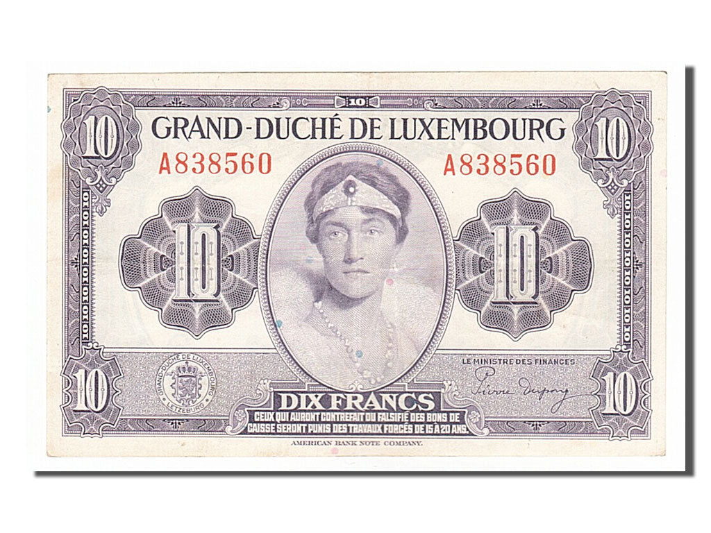 Luxembourg, 10 Francs, 1944, KM #44a, AU(50-53), A838560