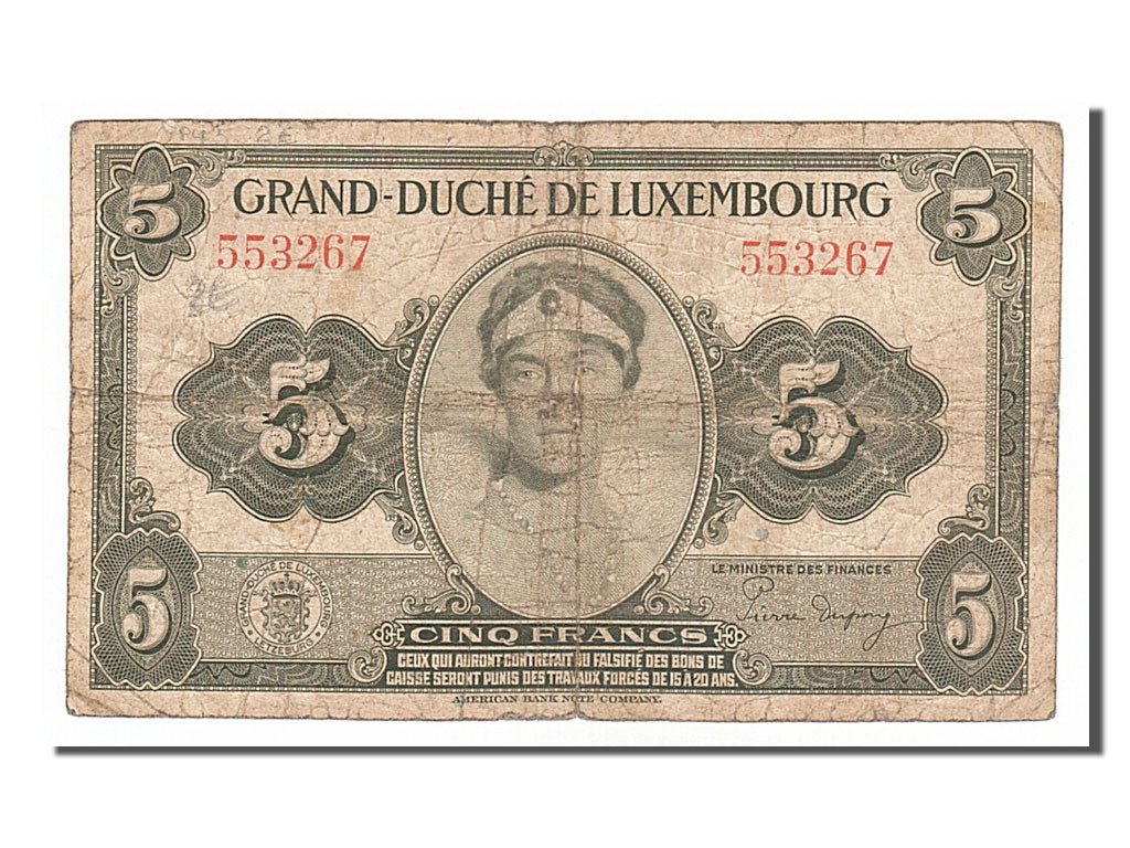 Luxembourg, 5 Francs, 1944, KM #43b, VF(20-25), 553267