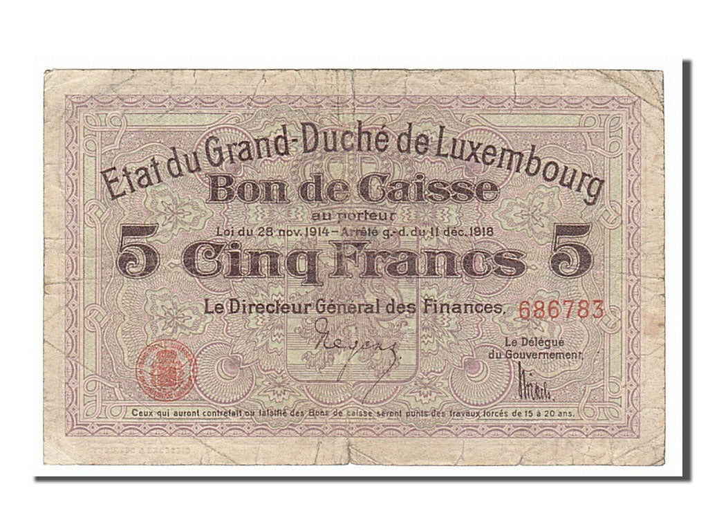 Luxembourg, 5 Francs, 1919, KM #29a, VF(20-25), 686783