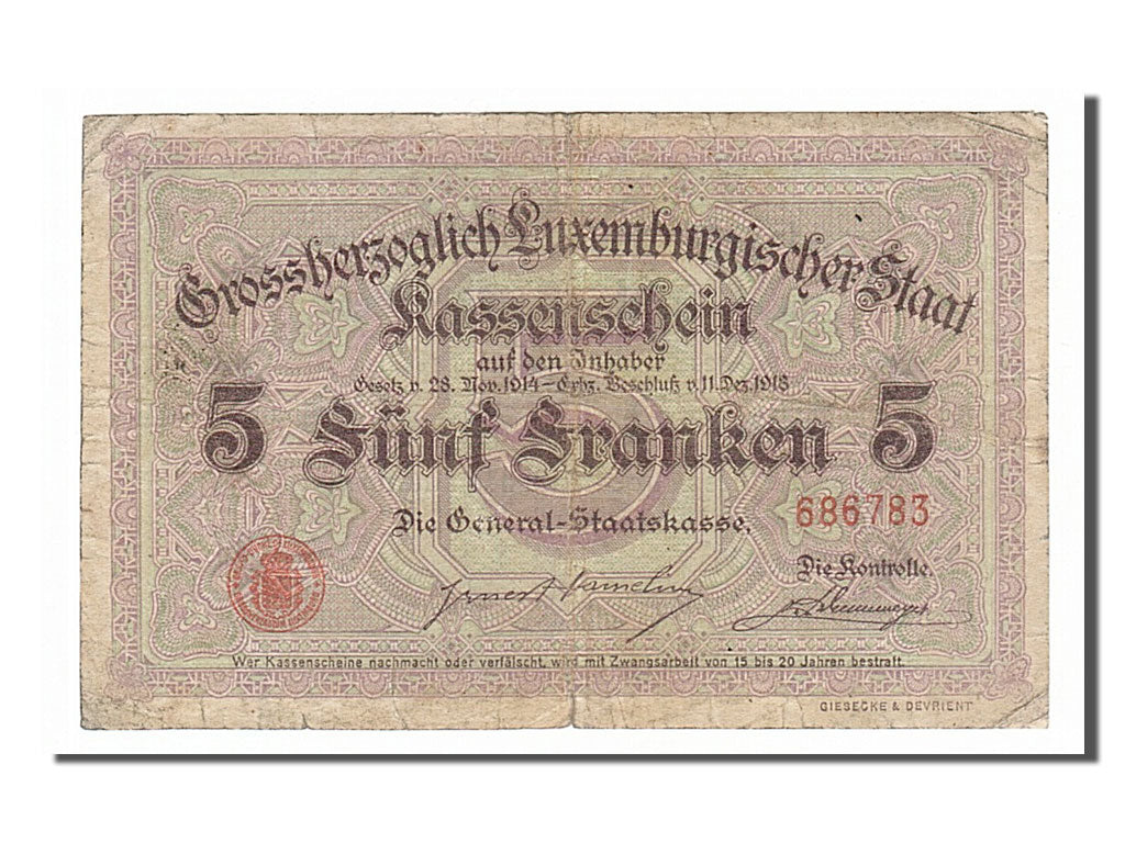 Luxembourg, 5 Francs, 1919, KM #29a, VF(20-25), 686783