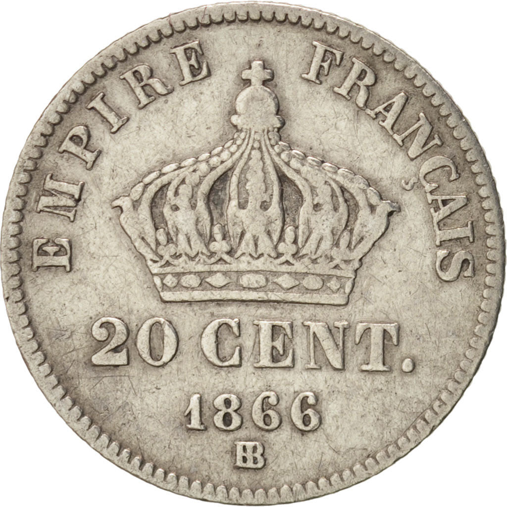 France, Napoleon III, 20 Centimes, 1866, Strasbourg, TB, Argent, Gadoury 308