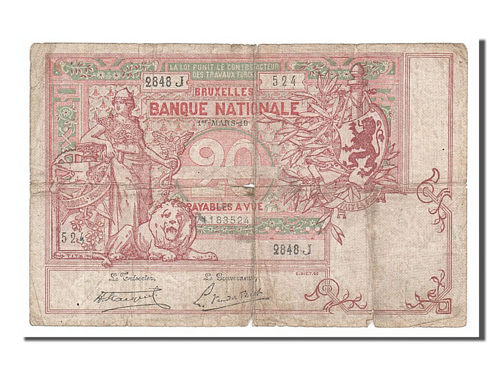 Belgium, 20 Francs, 1919, KM #67, 1919-03-01, F(12-15), 2848J