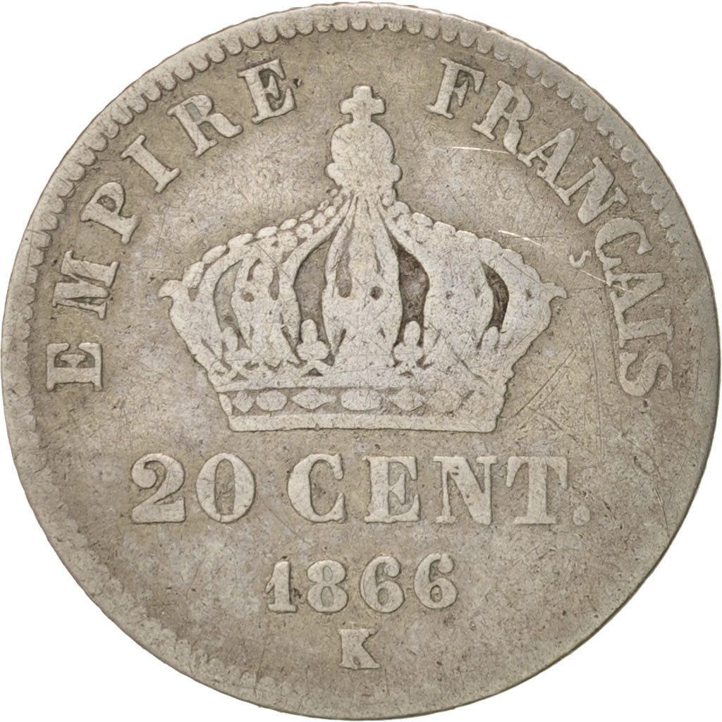 France, Napoleon III, 20 Centimes, 1866, Bordeaux, B, Argent, Gadoury 308