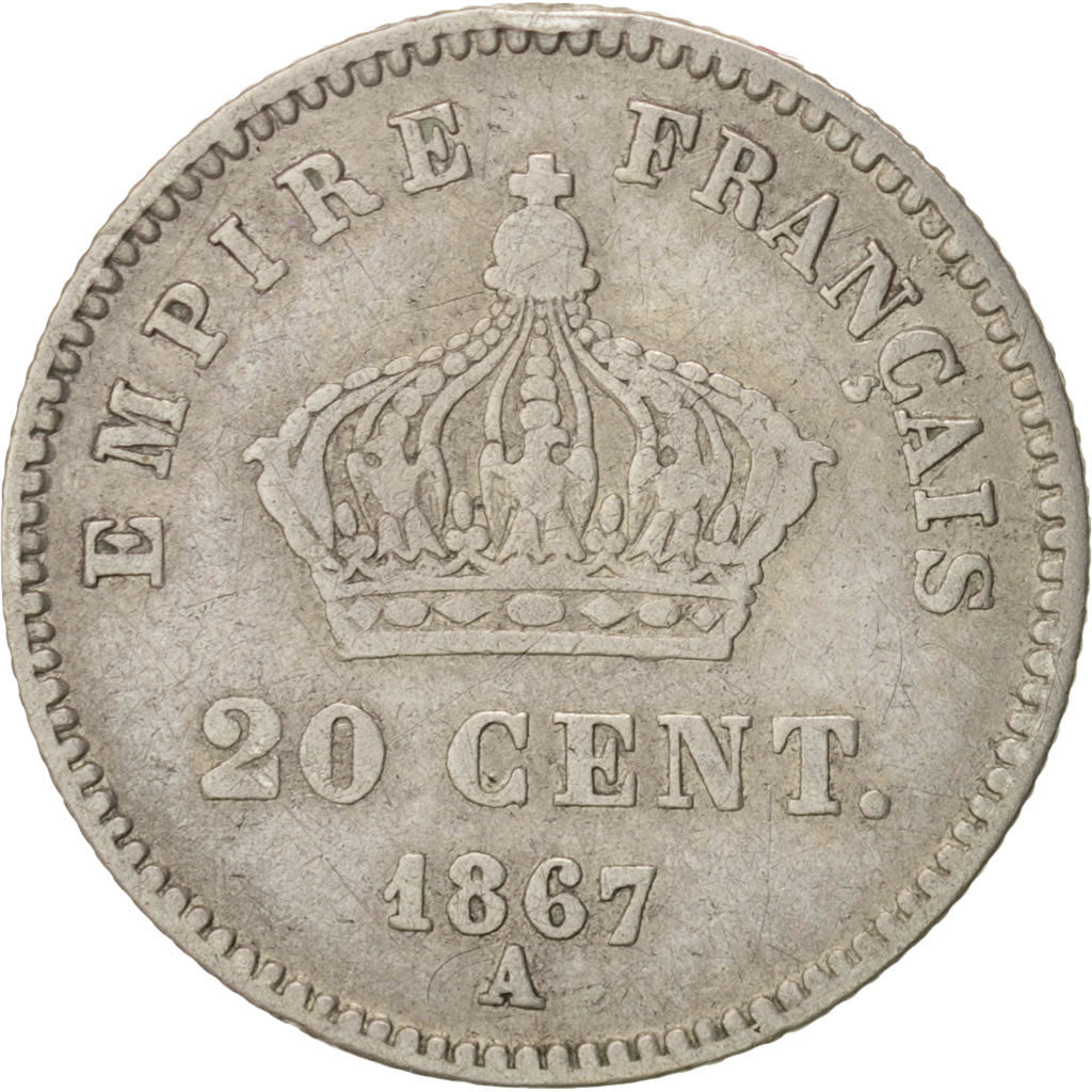 France, Napoleon III, 20 Centimes, 1867, Paris, F(12-15), Silver, KM 808.1