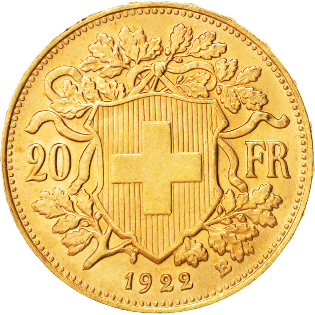 Switzerland, 20 Francs, 1922, Bern, AU(55-58), Gold, KM:35.1