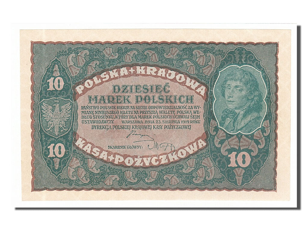Poland, 10 Marek, 1919, KM #25, 1919-08-23, UNC(65-70), CQ