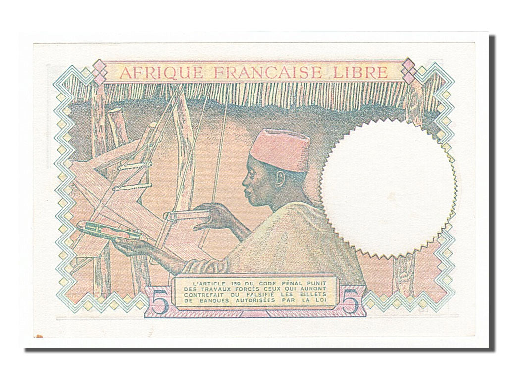 French Equatorial Africa, 5 Francs, 1941, KM #6a, UNC(63), A/13