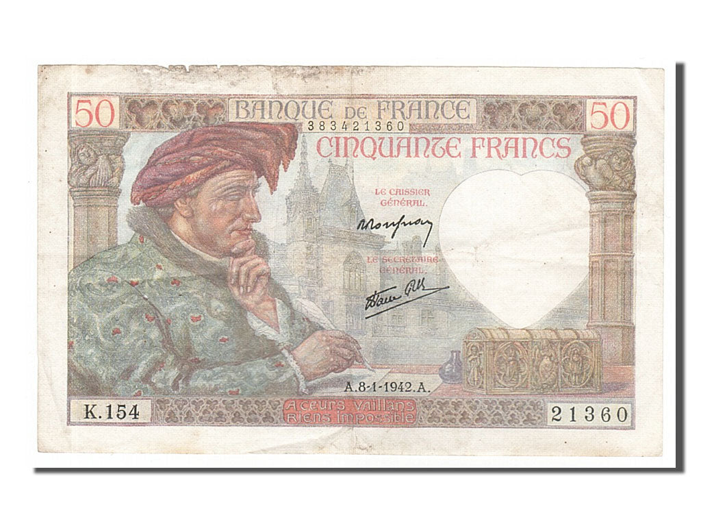 France, 50 Francs, 50 F 1940-1942 ''Jacques Coeur'', 1942, KM #93, 1942-01-08,..