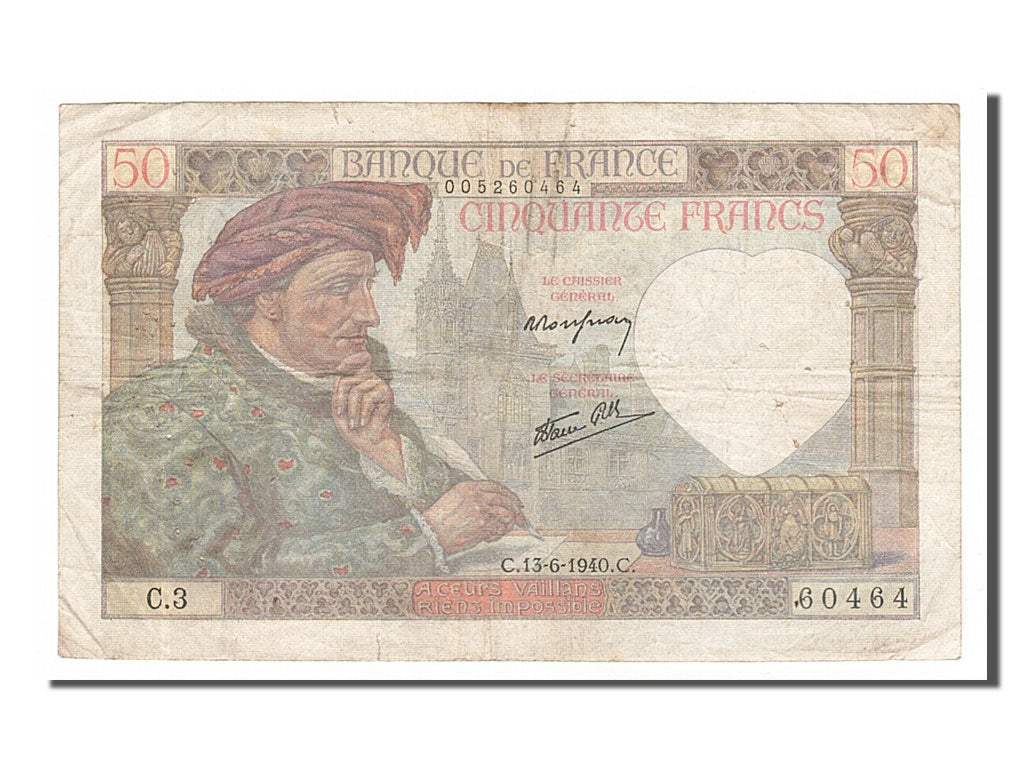 Banknot, Francja, 50 Francs, Jacques Coeur, 1940, 1940-06-13, VF(20-25)