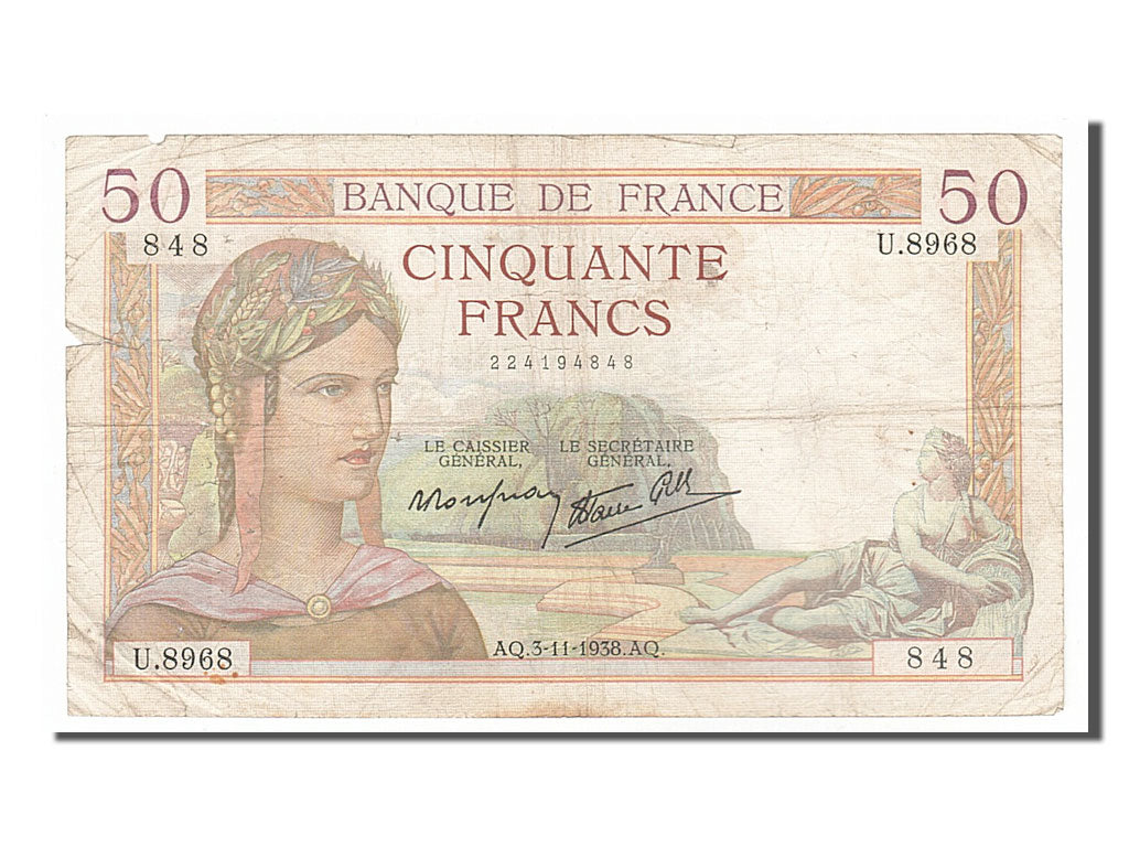 France, 50 Francs, 50 F 1934-1940 ''Cérès'', 1938, KM #85b, 1937-05-13, F(12-15)
