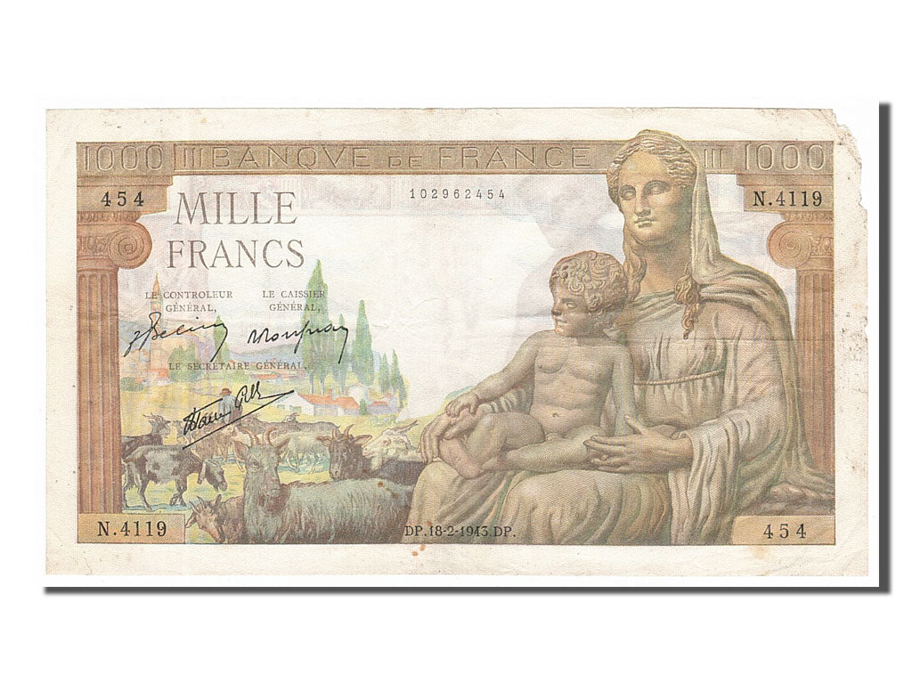 France, 1000 Francs, 1 000 F 1942-1943 ''Déesse Déméter'', 1943, KM #102, 194...