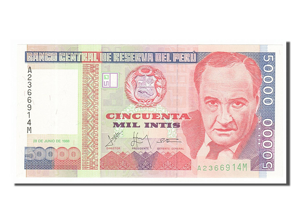 Banknote, Peru, 50,000 Intis, 1988, 1988-06-28, UNC(65-70)