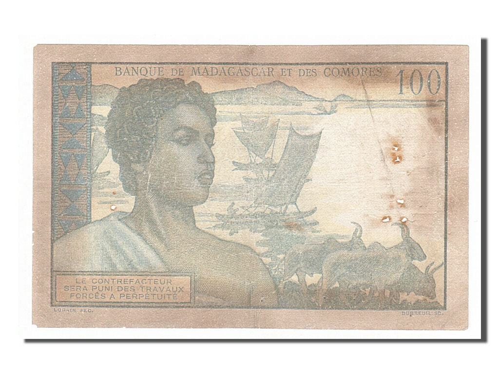 Madagascar, 100 Francs, 1950, KM #46b, F(12-15), O.1755
