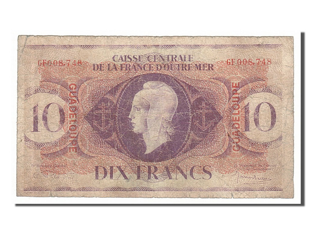 Guadeloupe, 10 Francs, 1944, KM #27a, 1944-02-02, VG(8-10), GF 008748,...