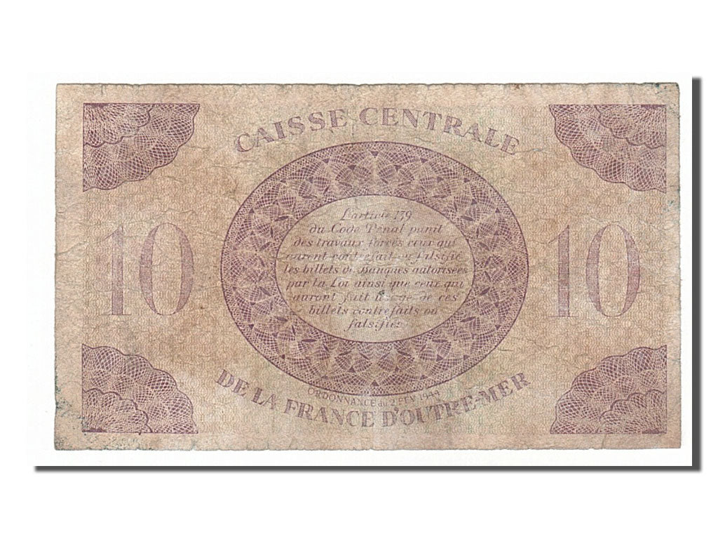Guadeloupe, 10 Francs, 1944, KM #27a, 1944-02-02, VG(8-10), GF 008748,...