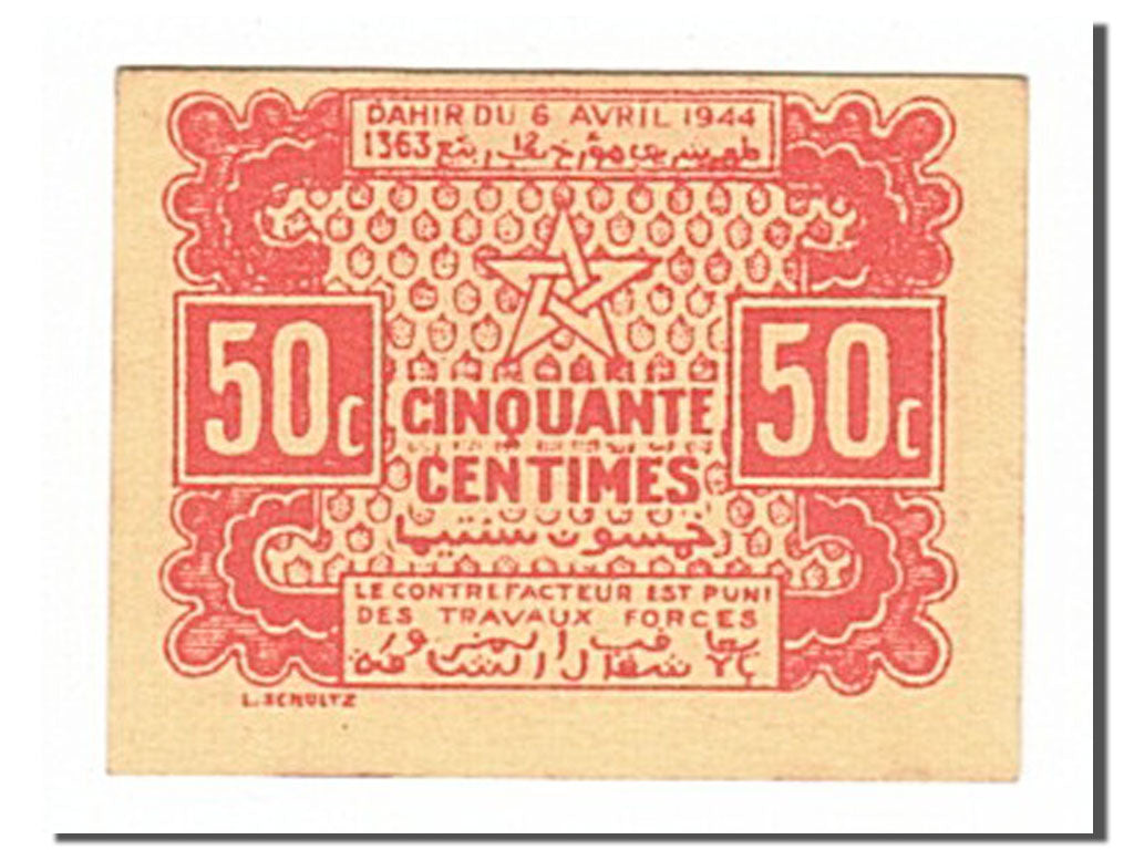 Morocco, 50 Centimes, 1944, KM #41, 1944-04-06, UNC(65-70)