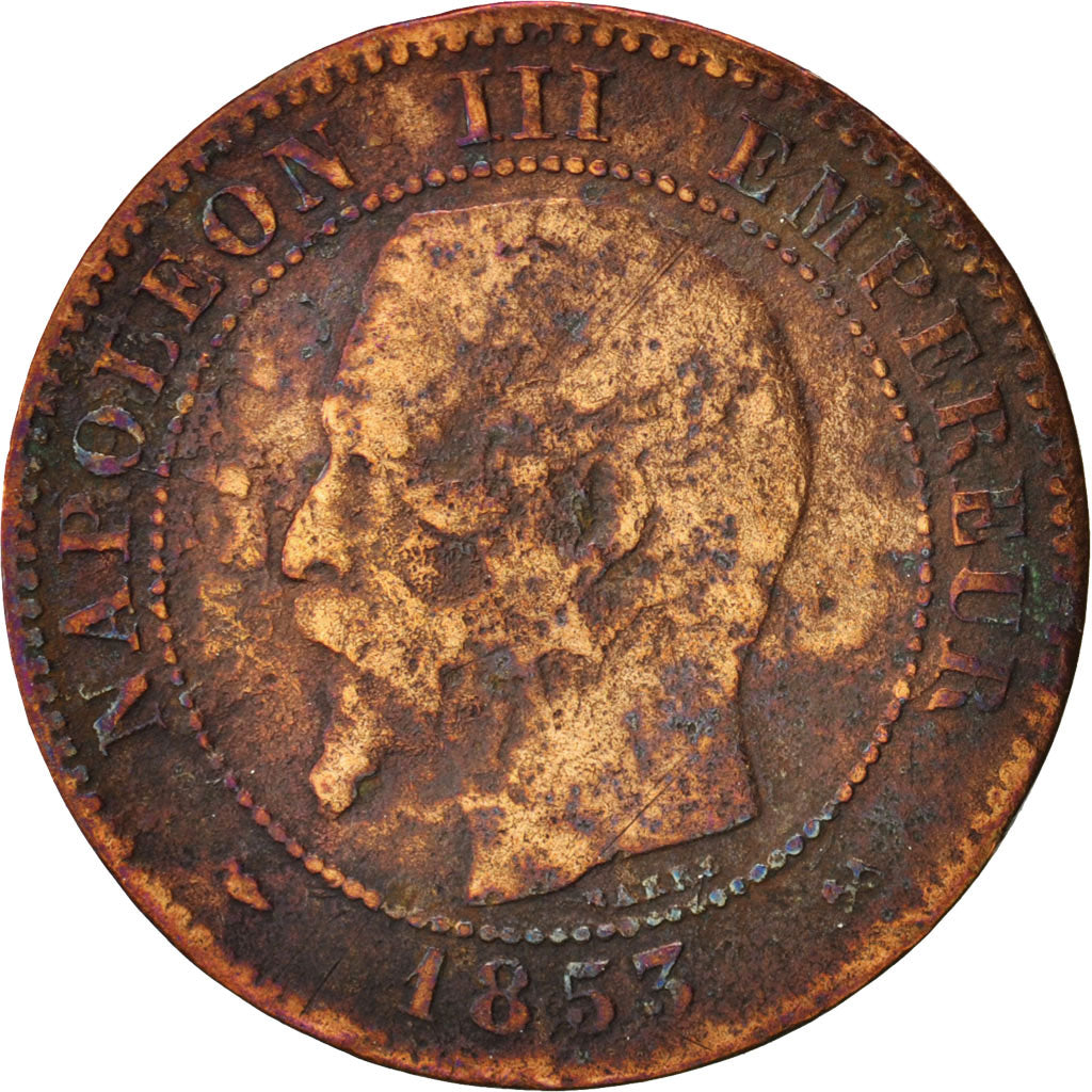 France, Napoleon III, 2 Centimes, 1853, Rouen, VG(8-10), Bronze, KM 776.2