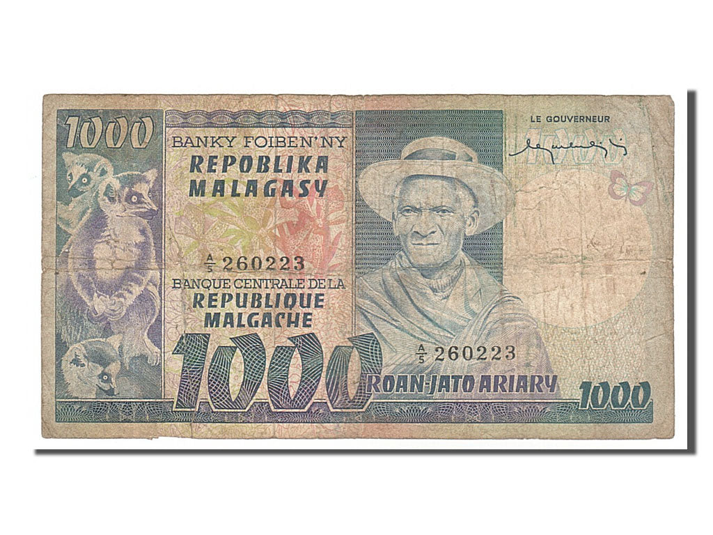 Madagascar, 1000 Francs = 200 Ariary, 1974, KM #65a, F(12-15), A/5