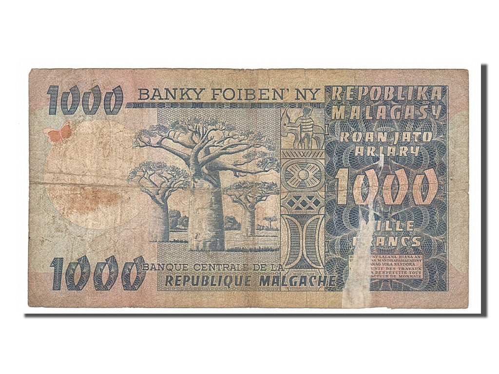 Madagascar, 1000 Francs = 200 Ariary, 1974, KM #65a, F(12-15), A/5
