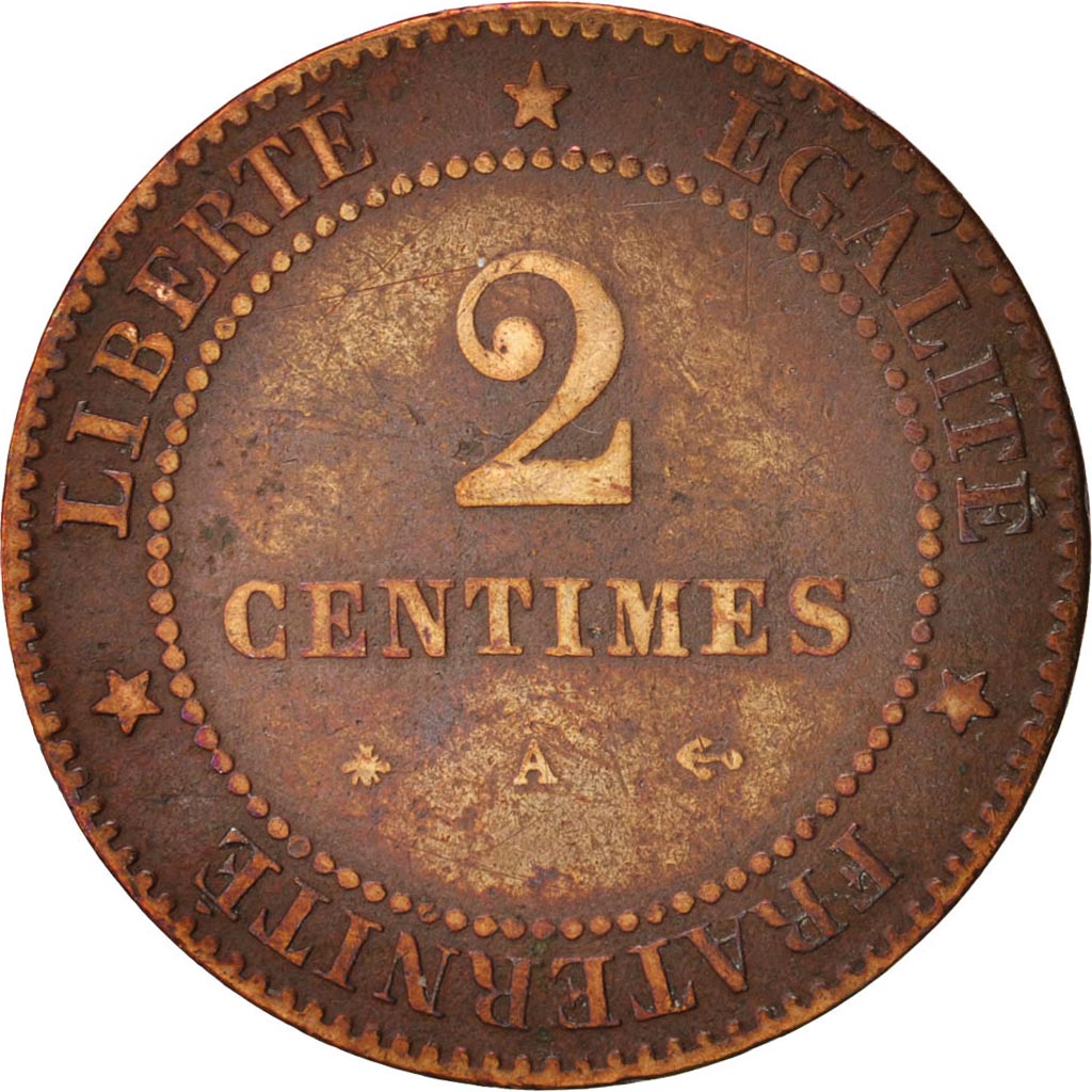 France, Cérès, 2 Centimes, 1877, Paris, VF(20-25), Bronze, KM:827.1