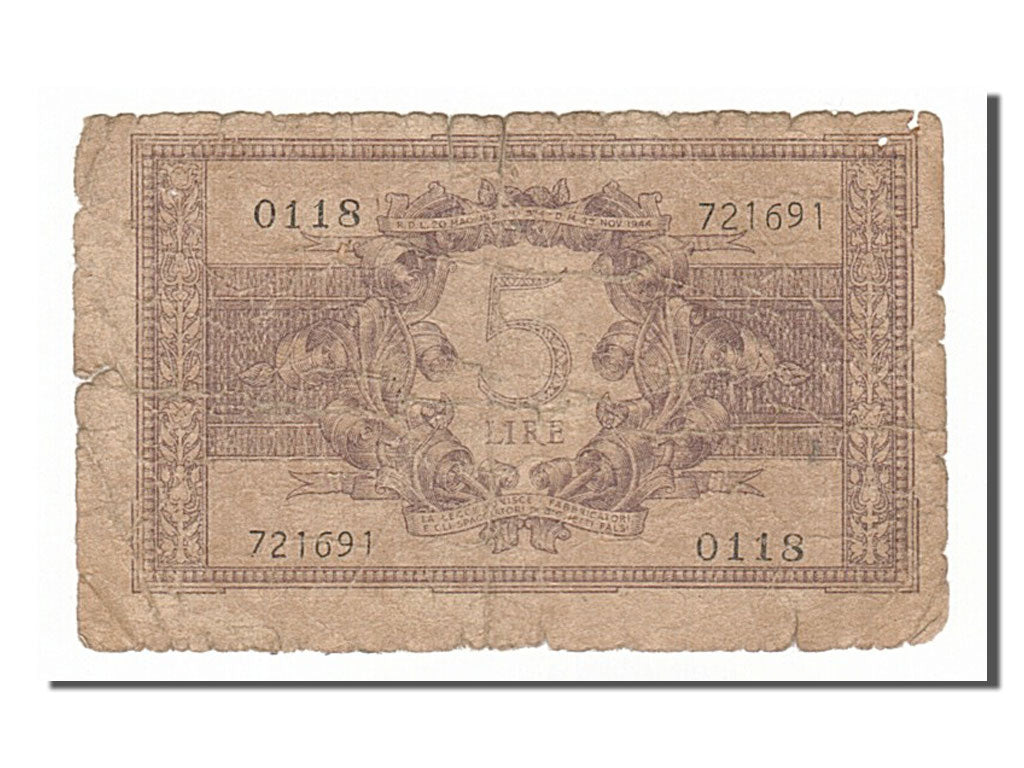 Banknote, Italy, 5 Lire, 1944, 1944-11-23, VG(8-10)