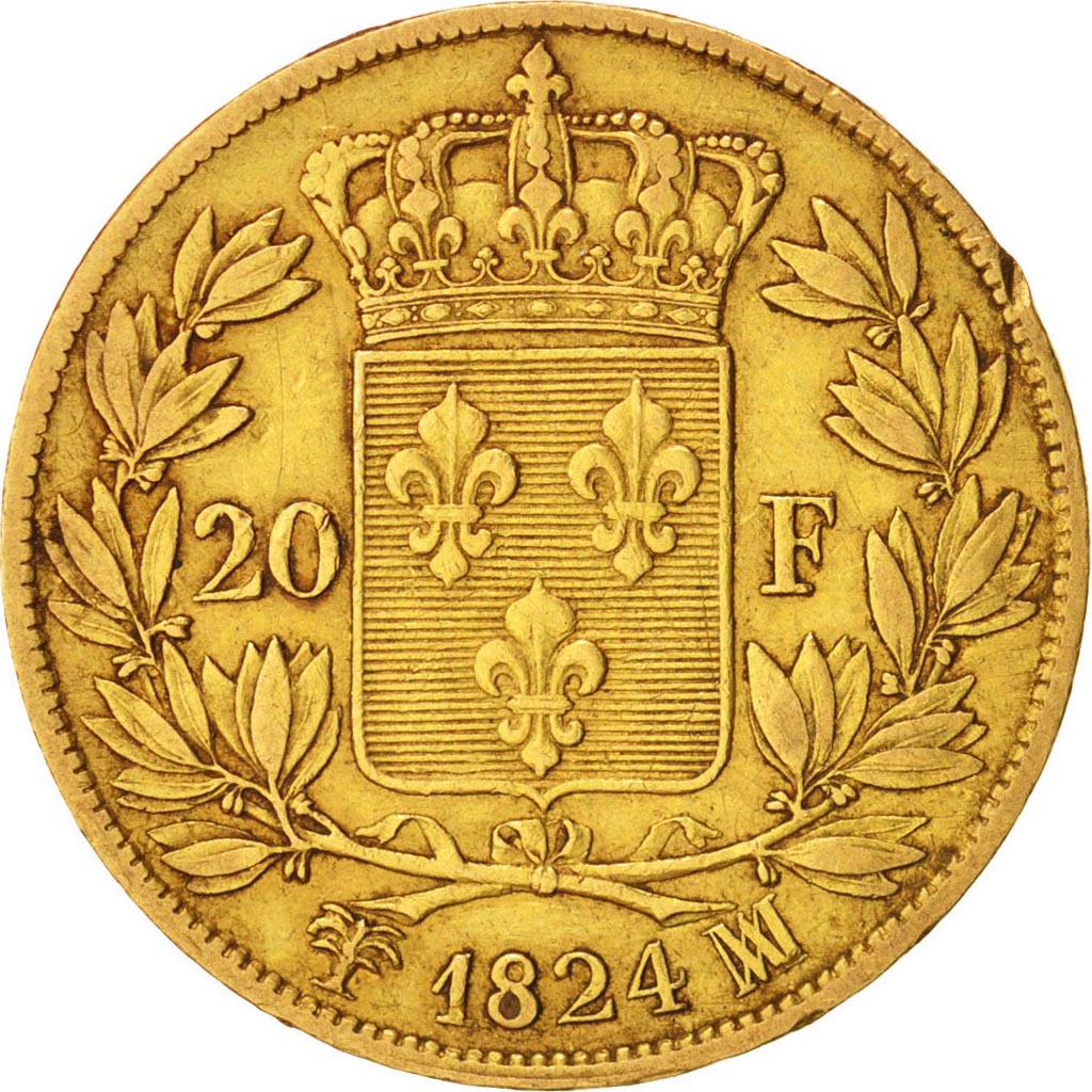 France, Louis XVIII, 20 Francs, 1824, Marseille, EF(40-45), Gold, KM 712.6