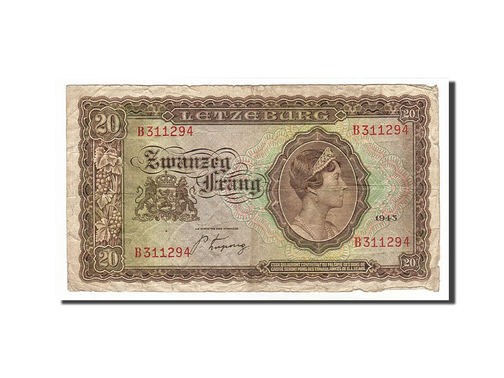 Luxembourg, 20 Frang, 1943, KM #42a, VF(20-25), B311294