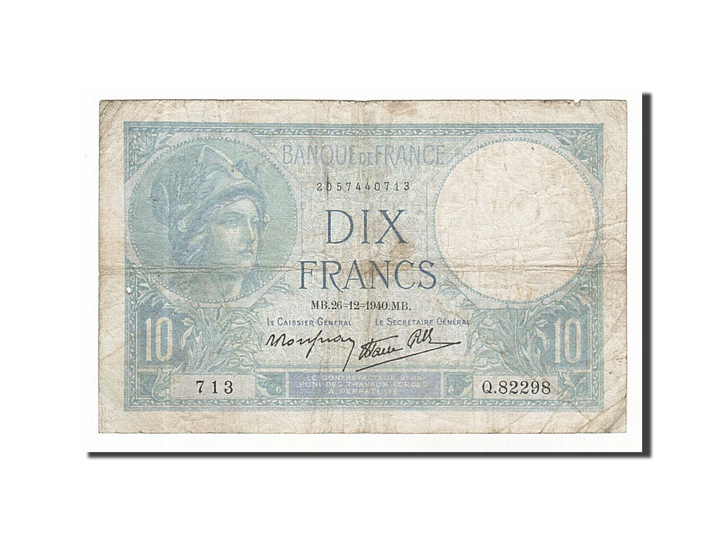 Geldschein, Frankreich, 10 Francs, 10 F 1916-1942 ''Minerve'', 1940, 1940-12-26