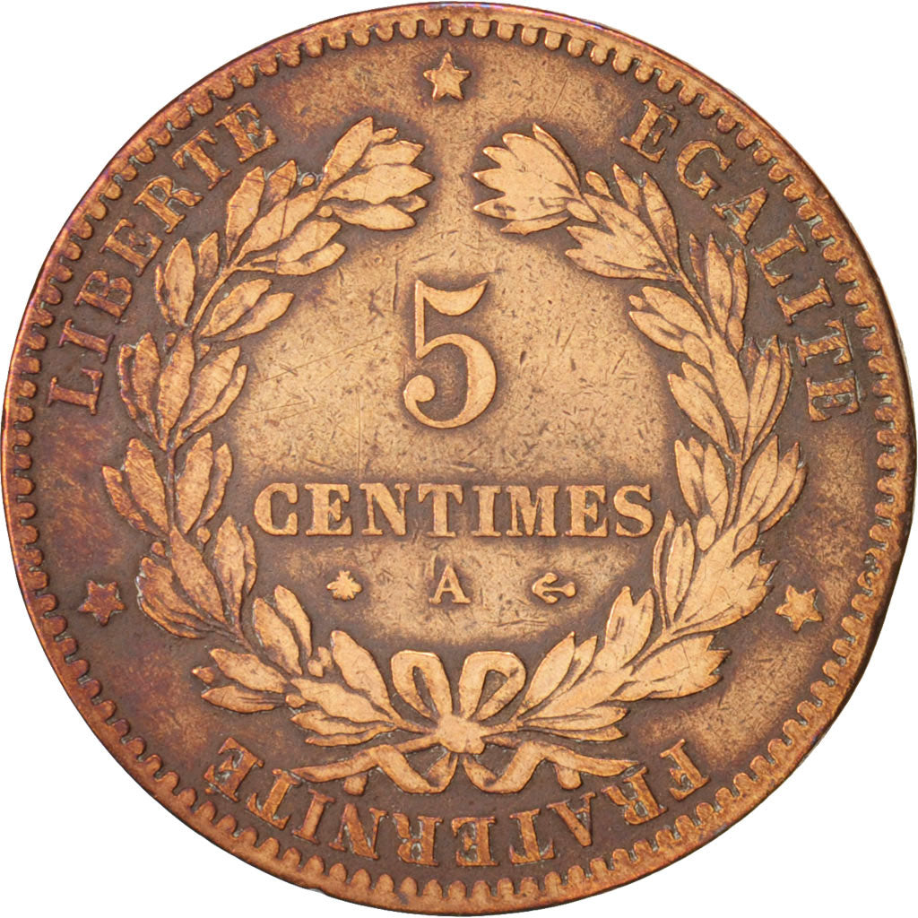 France, Cérès, 5 Centimes, 1873, Paris, VF(20-25), Bronze, KM:821.1, Gadoury157a
