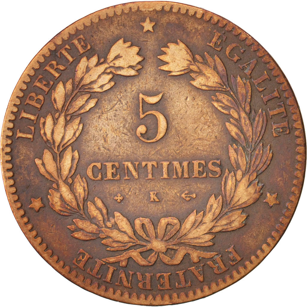 France, Cérès, 5 Centimes, 1875, Bordeaux, F(12-15), Bronze, KM:821.2